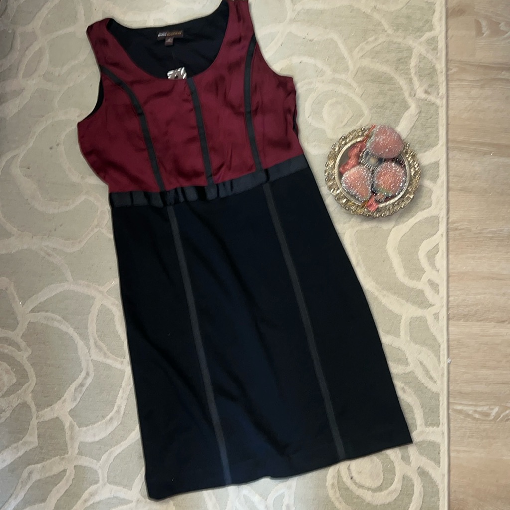 Nwtdana Buchmanwine Satin & Black Ribbon Trim Ponte Sleevesless Dress